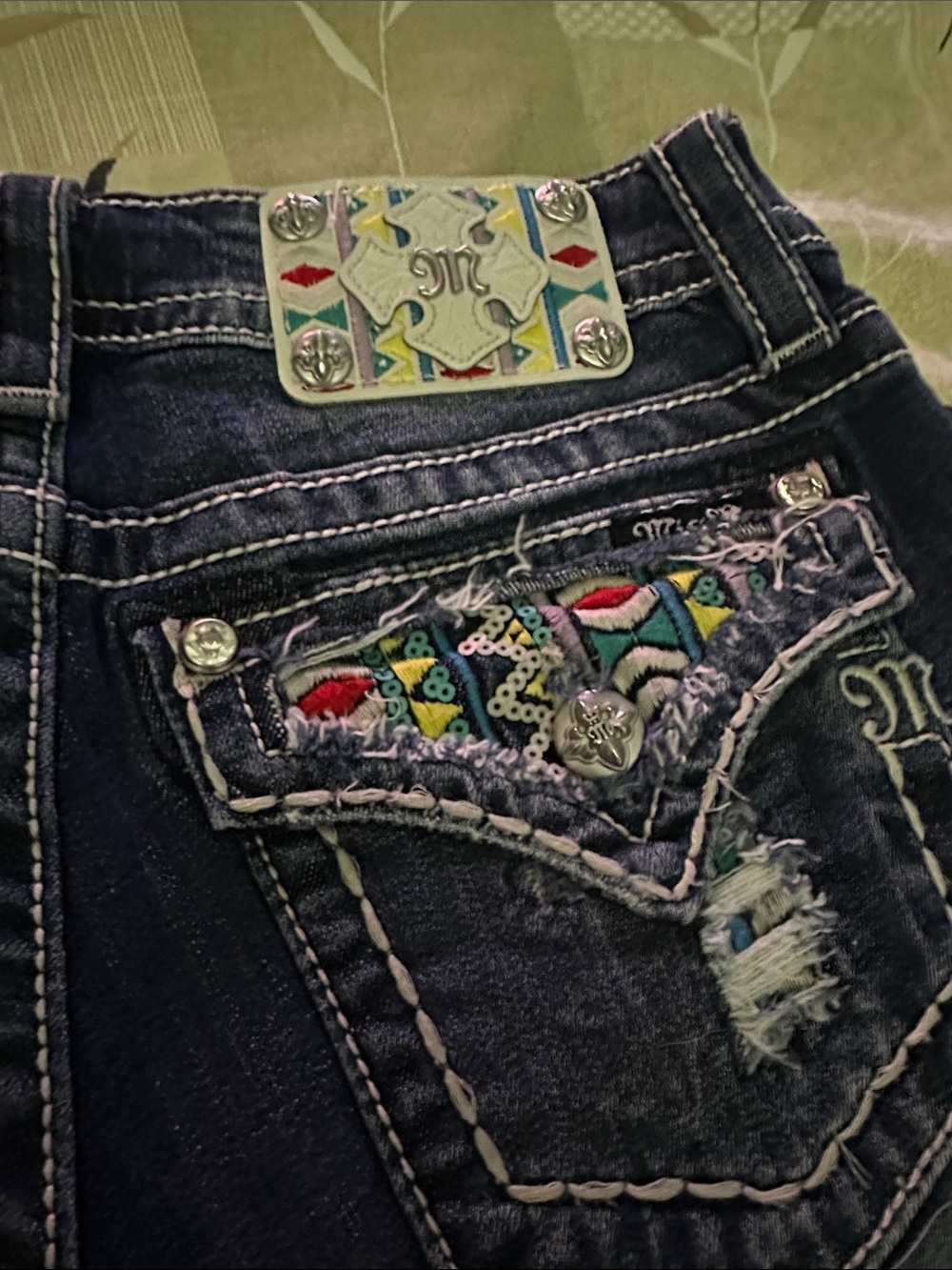 Miss Me Embroidered Tribal Denim Shorts - Blue - Picture 4 of 7